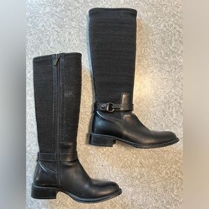 Aquatalia black knee high woven and leather, lug sole riding boots.  Sz 7.5